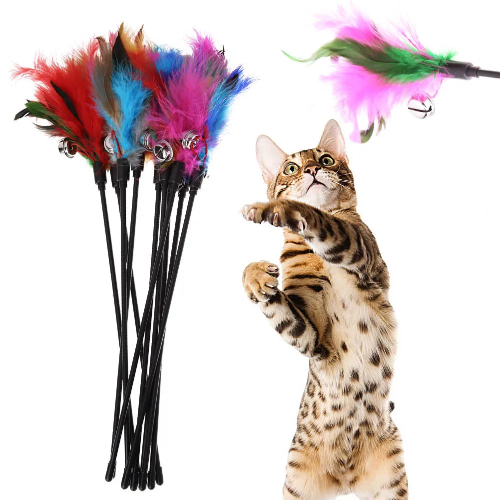 5Pcs-15Pcs Cat Toys Feather Wand Kitten Cat Teaser Turkey Feather Interactive Stick Toy Wire Chaser Wand Toy Random Color