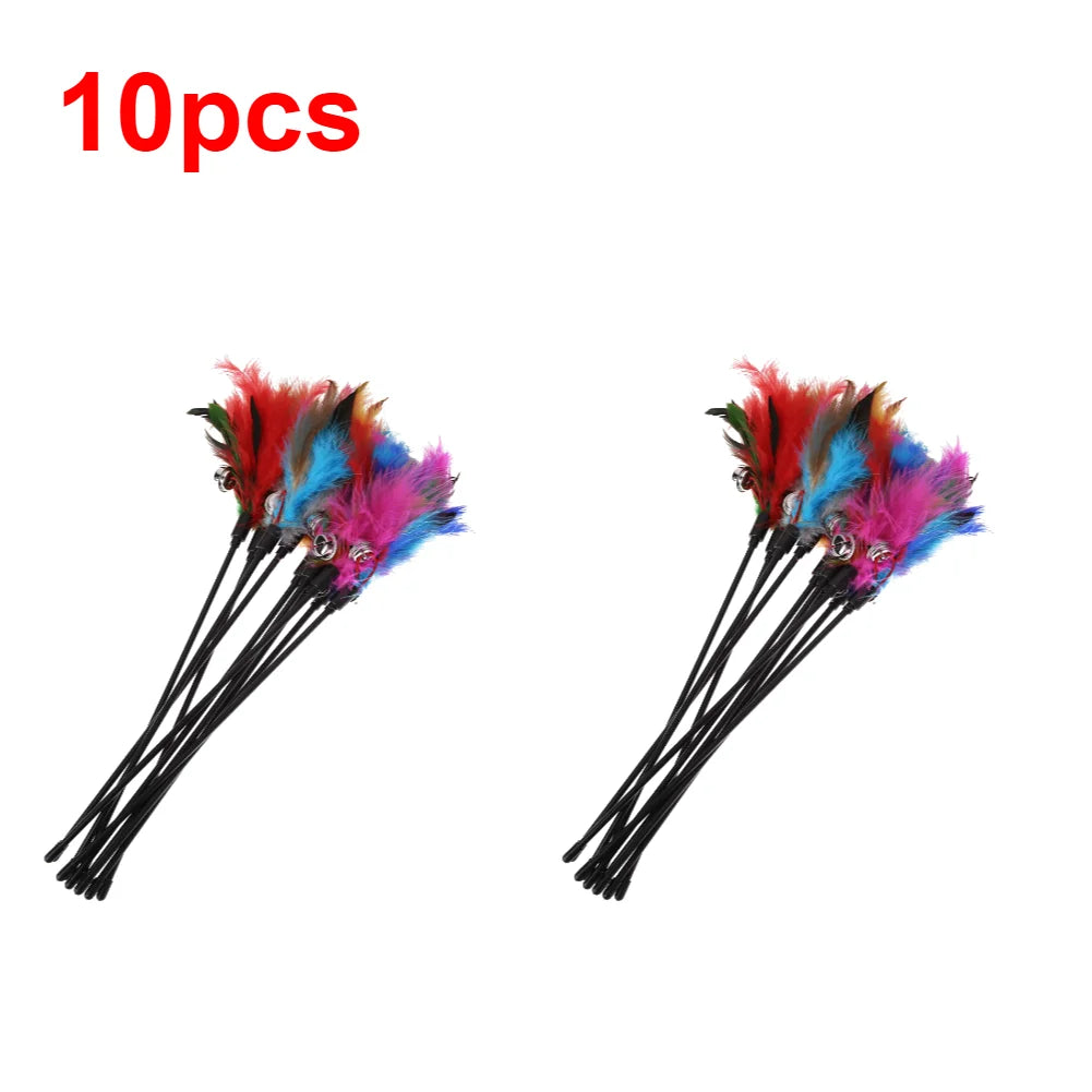 5Pcs-15Pcs Cat Toys Feather Wand Kitten Cat Teaser Turkey Feather Interactive Stick Toy Wire Chaser Wand Toy Random Color