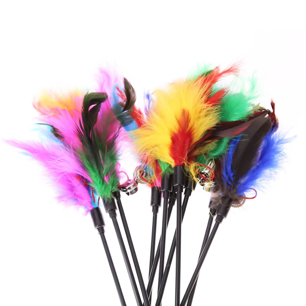 5Pcs-15Pcs Cat Toys Feather Wand Kitten Cat Teaser Turkey Feather Interactive Stick Toy Wire Chaser Wand Toy Random Color