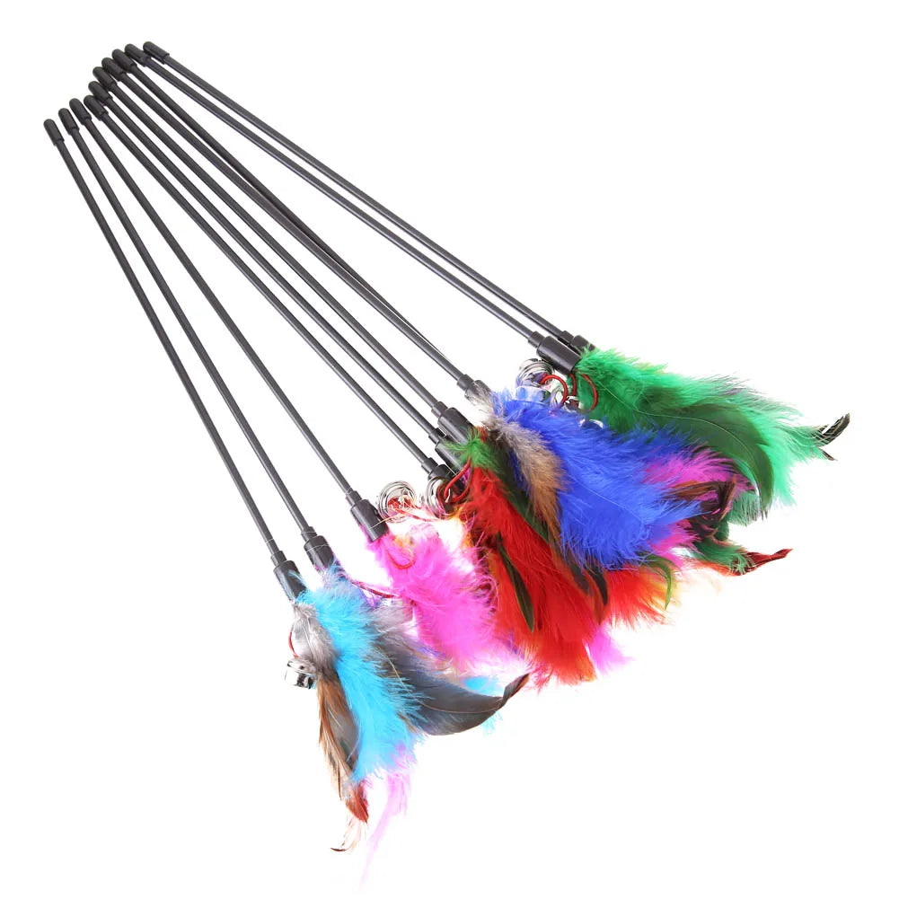 5Pcs-15Pcs Cat Toys Feather Wand Kitten Cat Teaser Turkey Feather Interactive Stick Toy Wire Chaser Wand Toy Random Color