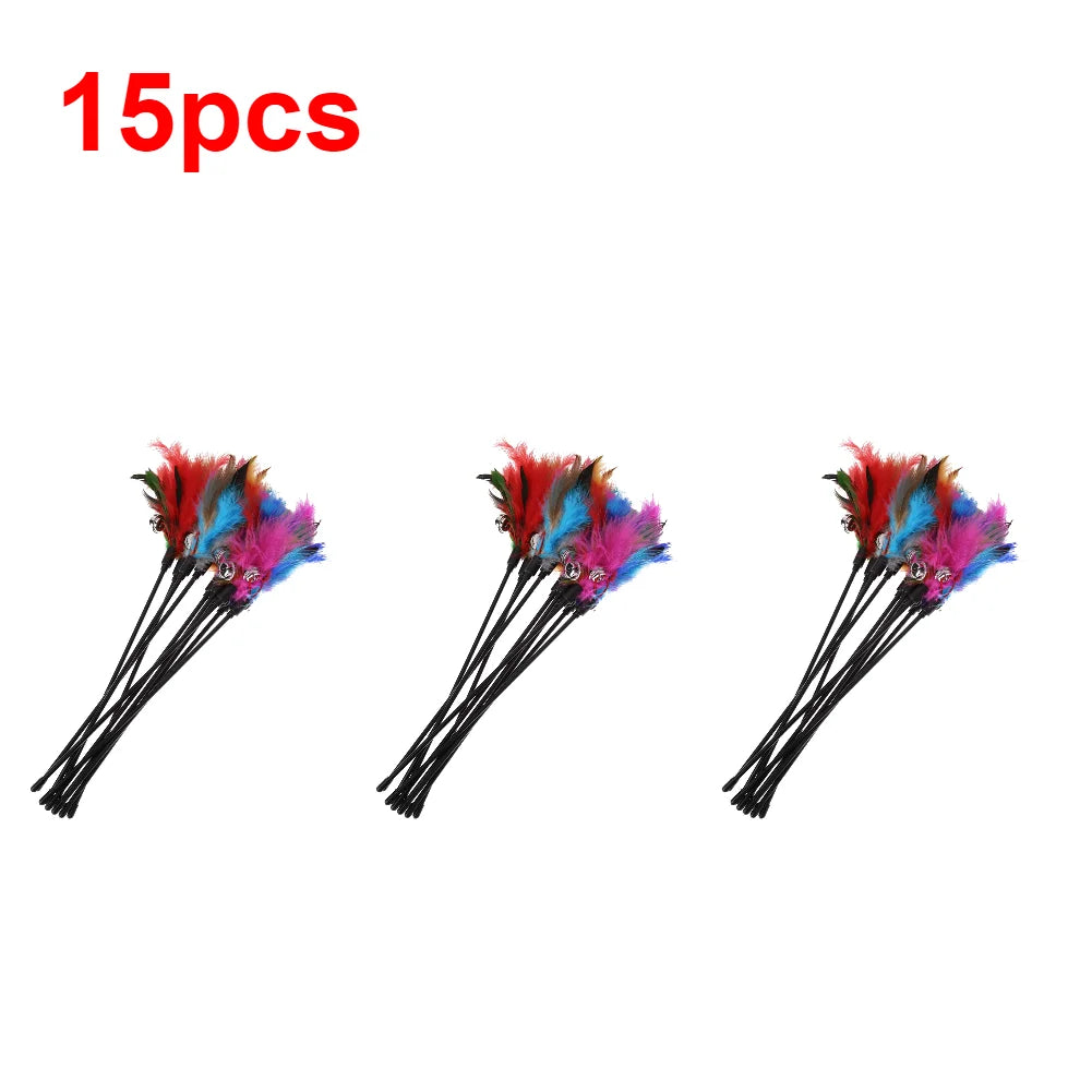 5Pcs-15Pcs Cat Toys Feather Wand Kitten Cat Teaser Turkey Feather Interactive Stick Toy Wire Chaser Wand Toy Random Color