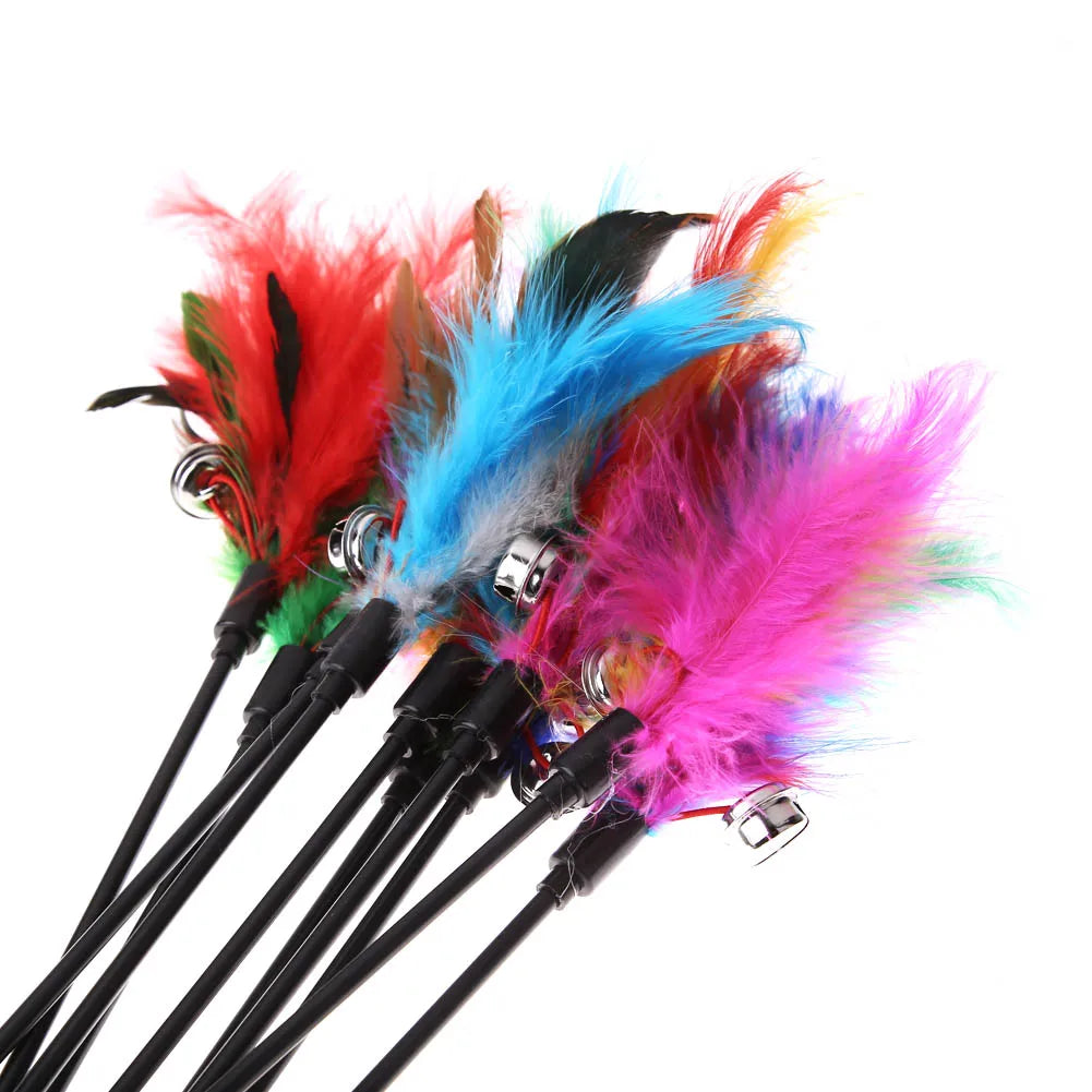 5Pcs-15Pcs Cat Toys Feather Wand Kitten Cat Teaser Turkey Feather Interactive Stick Toy Wire Chaser Wand Toy Random Color